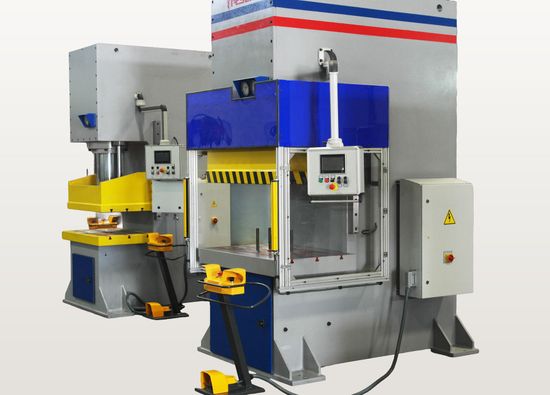 Two Fresan C-Frame hydraulic presses in production/assembly.