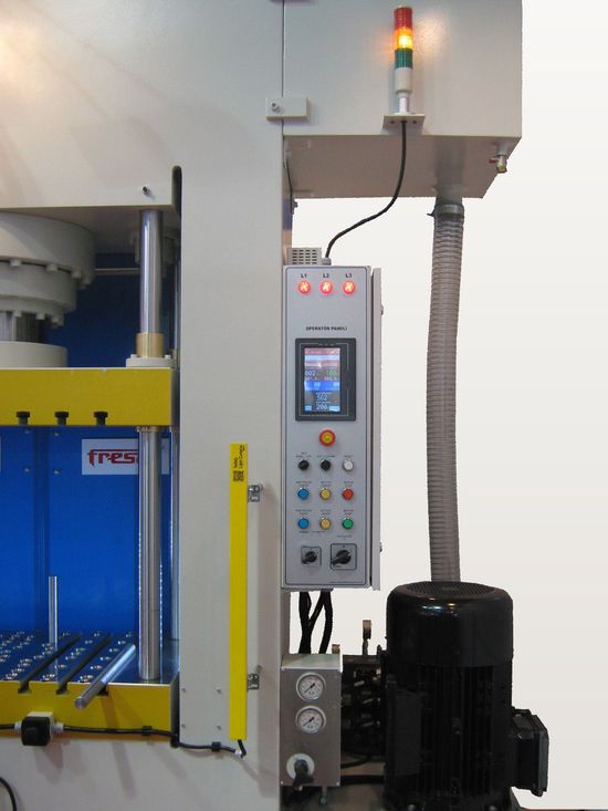 Close-up of a Fresan H-Frame deep drawing hydraulic press.