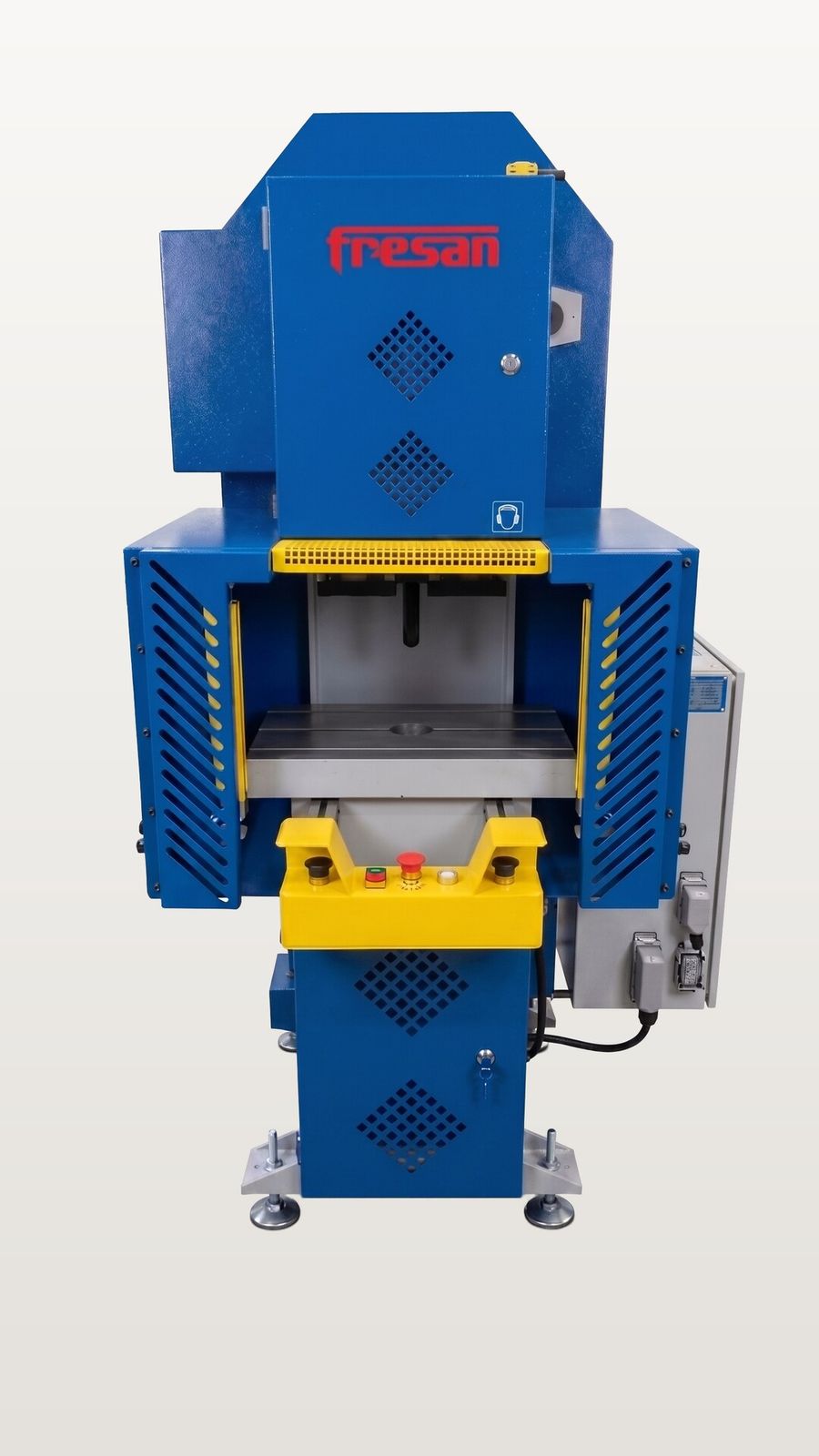 Fresan FP 10P eccentric press, front view showing the light curtains, two-hand control buttons, emergency stop and work table.