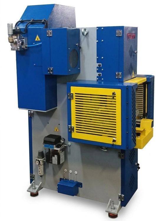Fresan FP 20P eccentric press, left-side view showing the air regulator, safety valve, automatic lubricator and used oil collector.
