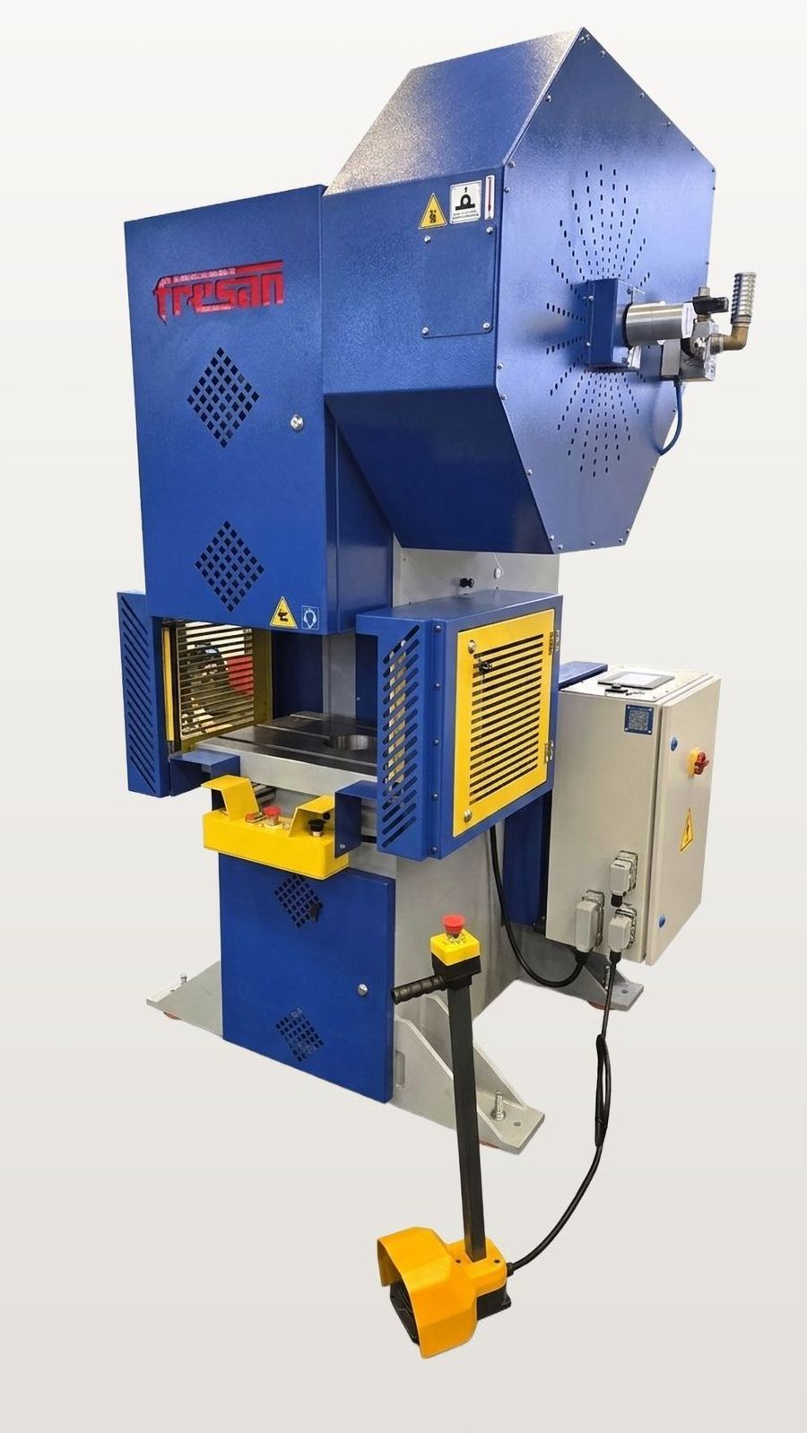 Fresan FP 30P eccentric press, angled view showing the light curtains, protective covers, electric cabinet and foot pedal.