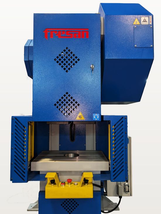 Fresan FP 30P eccentric press, front view showing the work table, two-hand control buttons, emergency stop and light curtains.