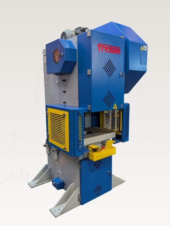 Fresan FP 30P eccentric press, angled view showing air regulators, side covers, light curtains and cam box.