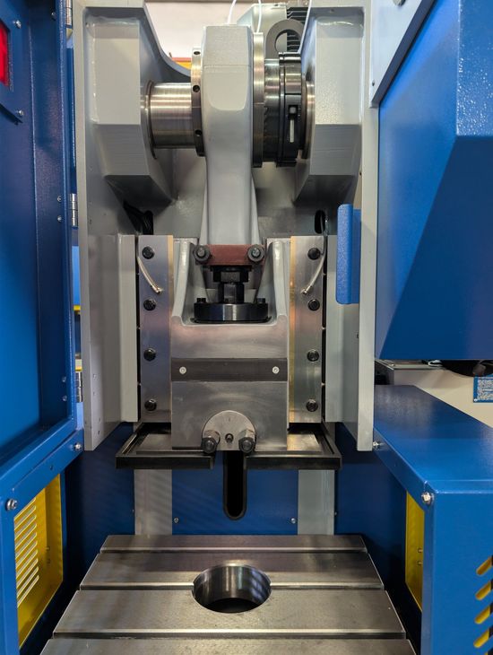 Fresan FP 30P eccentric press with the front guard open, exposing the ram, slides, crankshaft assembly and work table.