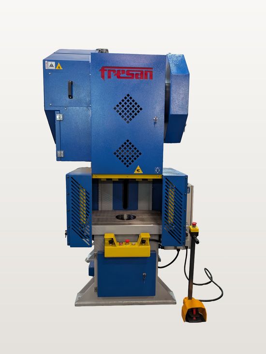 Fresan eccentric press, 60 ton, front view showing the work table and side guards.