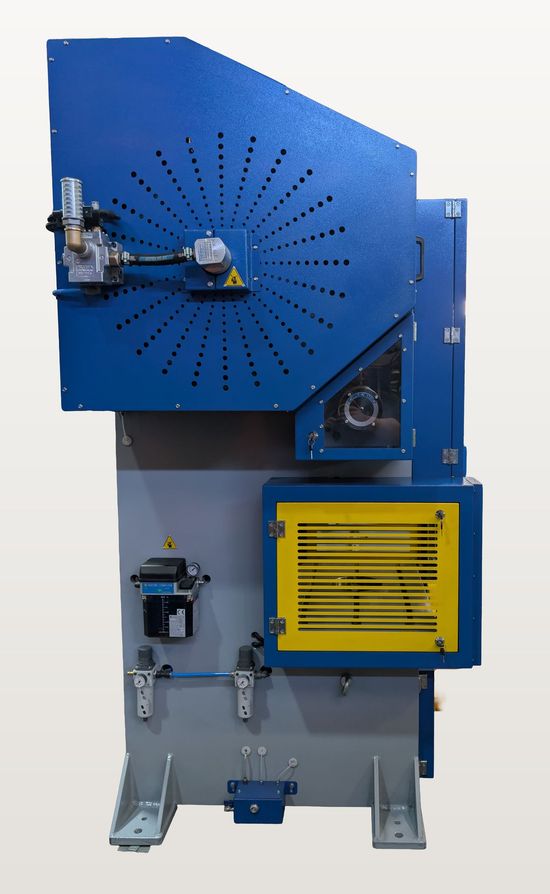 Fresan FP 60P eccentric press, left-side view showing the air regulator, automatic lubricator, side access covers, used oil collector and cam box.