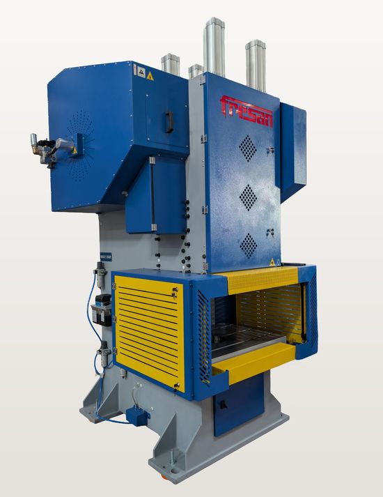 Fresan FP 160P eccentric press, left-angled view showing air regulators, automatic lubricator and pneumatic counterbalance cylinders.