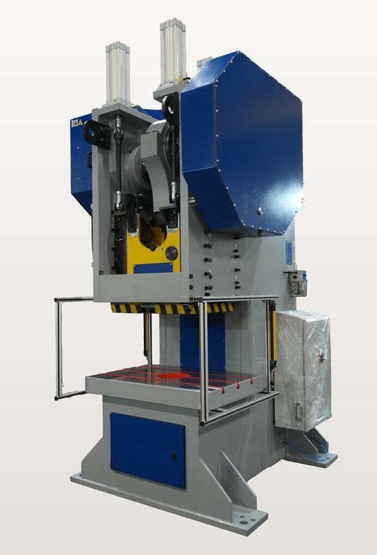 Fresan FP 160P eccentric press angled view, showing gearbox in oil bath, ram and pneumatic counterbalance cylinders.