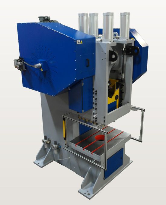 Fresan FP 160P eccentric press, angled view, showing the flywheel housing, air regulators, light curtains and pneumatic counterbalance.