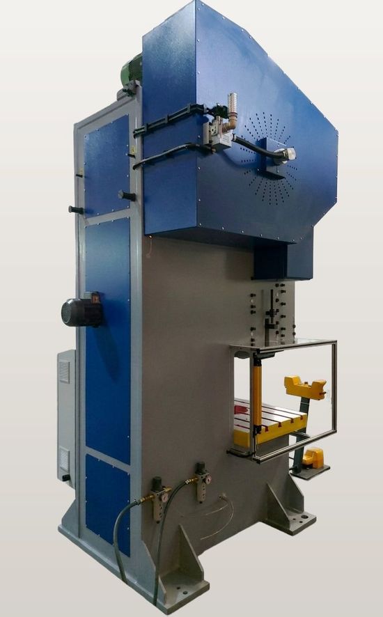 Fresan FP 130P eccentric press, rear angled view showing the ram adjustment motor and upper ejector.