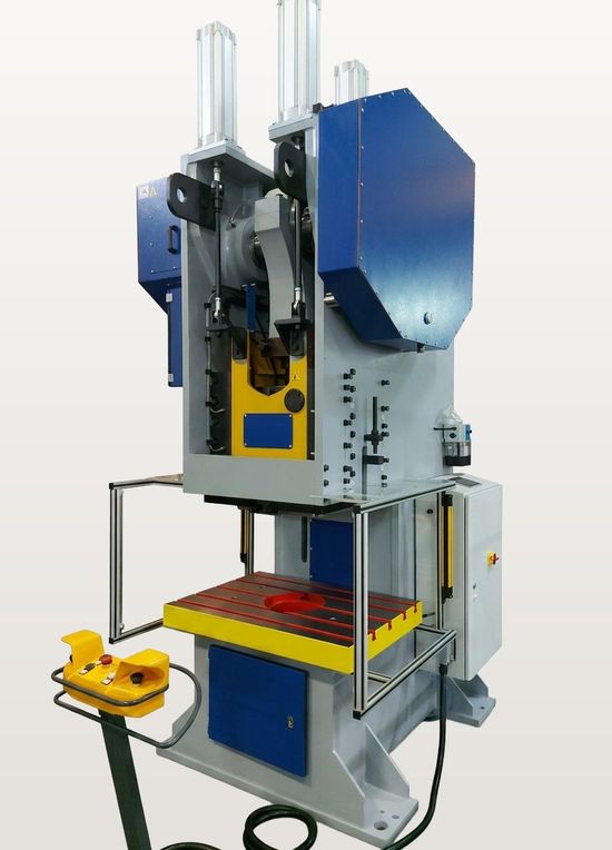 Fresan FP 100P eccentric press showing the gearbox in oil bath, upper ejector, light curtains, work table and pedestal control.